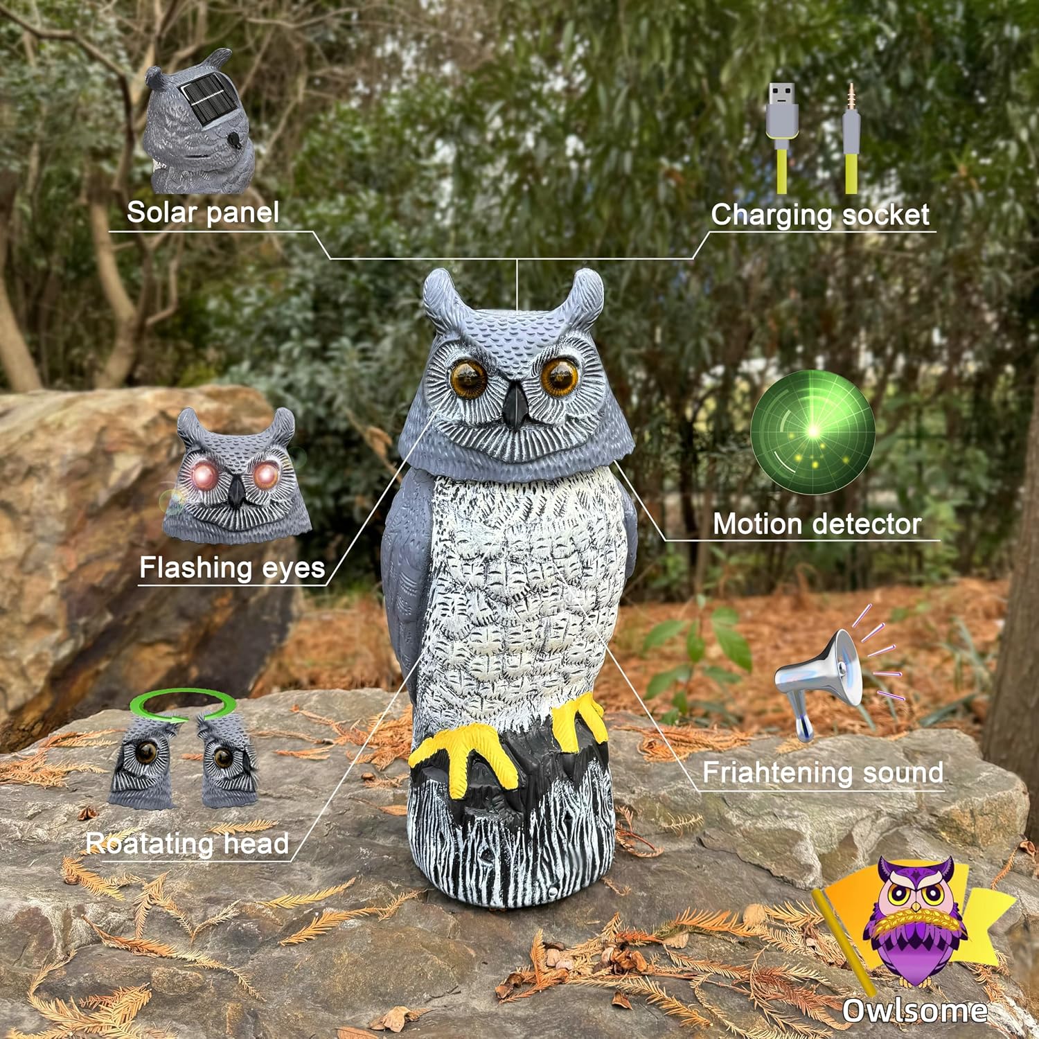 Owlsome Solar Owl with, Glowing Eyes, Rotating Head,4